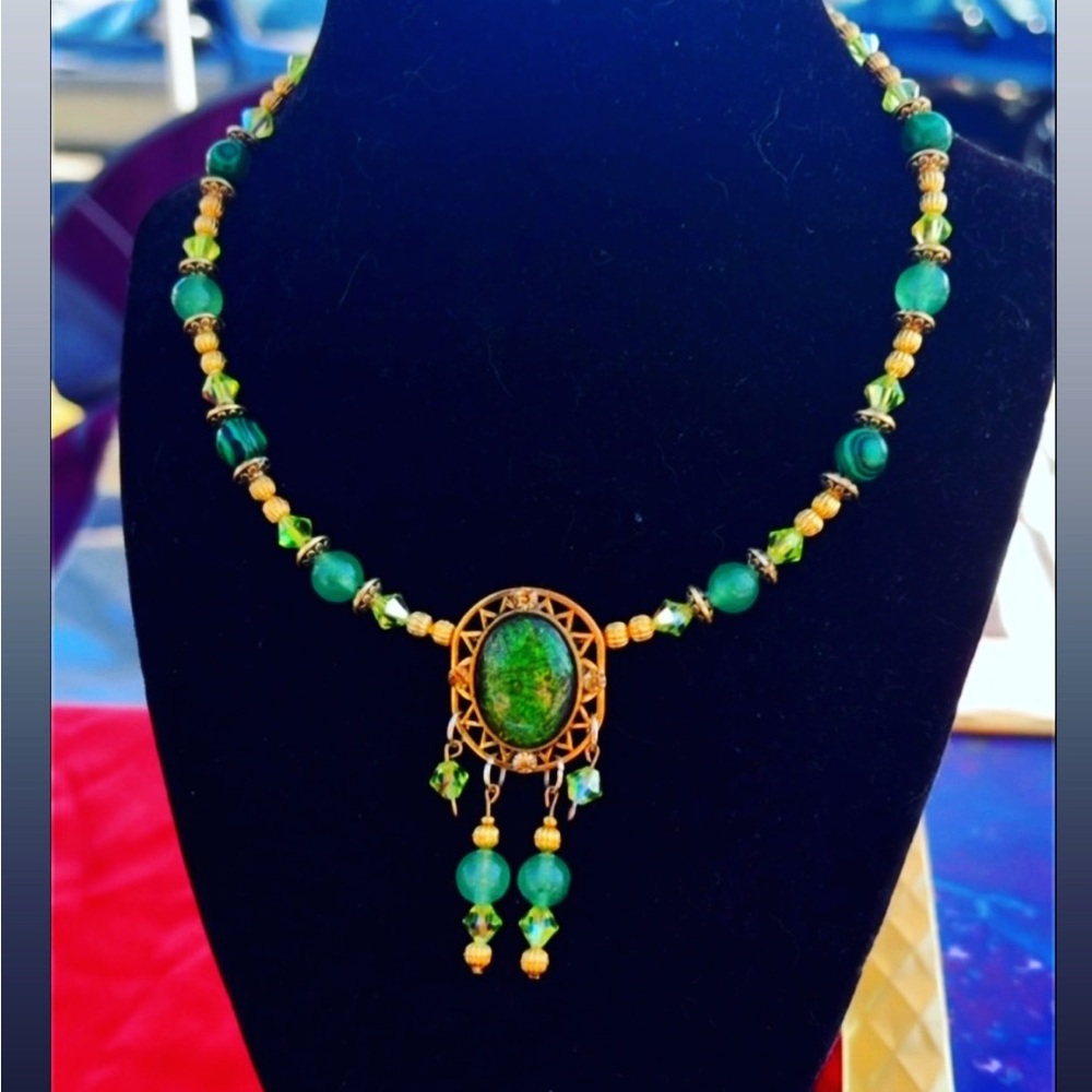 Phoenixic3 Malachite, Brass and Aventurine Beaded Pendant Necklace